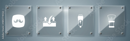 Set Shaving brush, Electric razor blade, Human hair follicle and Barbershop. Square glass panels. Vector