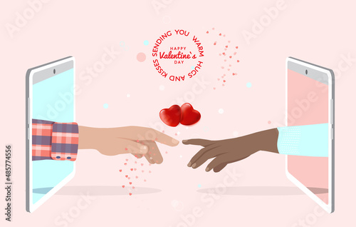 Male and female of different skin colors with hands reaching out to each other from phone screens, cartoon hearts, romantic meeting concept. Couple in love virtual dating during coronavirus COVID-19