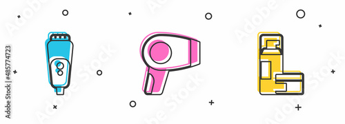 Set Electric razor blade, Hair dryer and Shaving gel foam icon. Vector