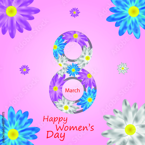 congratulations on international women's day on march 8. figure eight laid out of daisies on a pink background