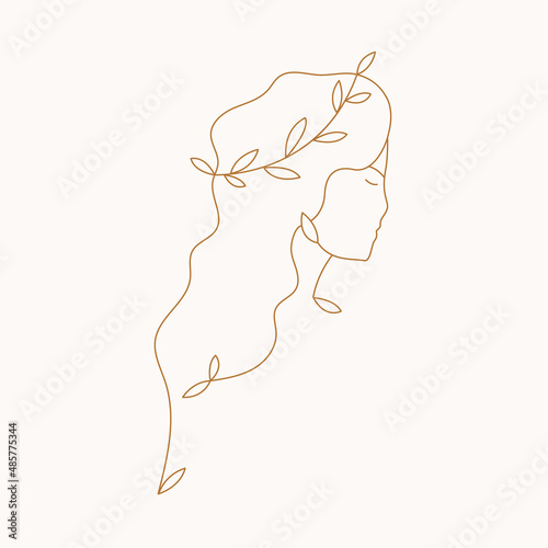 Woman outline silhouette. Female head with hair and wreath on it. Greek goddess. Line art, emblem, vector illustration. 