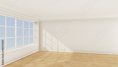 Realistic 3d render of an empty room with wooden floor, window and white walls. 