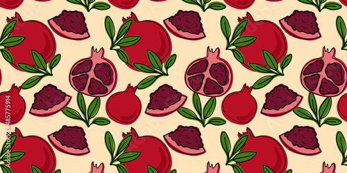 Pomegranate whole and slices, beautiful vector seamless pattern. Fruit, suitable for wallpapers, web page food backgrounds, surface textures, textiles. Doodle or hand drawn cartoon style.