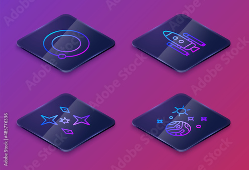 Set Isometric line Satellites orbiting the planet Earth, Planet, Space shuttle and rockets and Space and planet. Blue square button. Vector