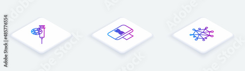 Set Isometric line Syringe and virus, DNA spiral computer and Virus. White square button. Vector