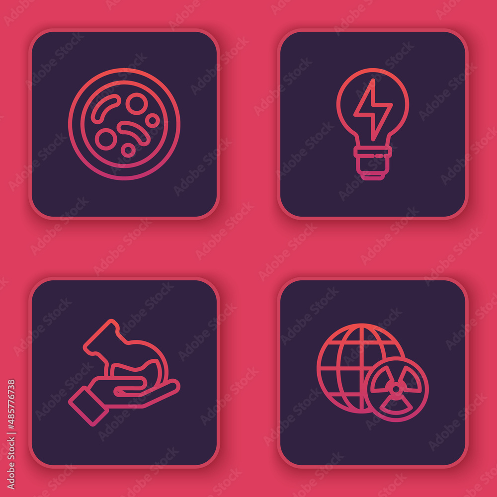 Set line Bacteria, Test tube and flask, Light bulb with lightning and Planet earth radiation. Blue square button. Vector