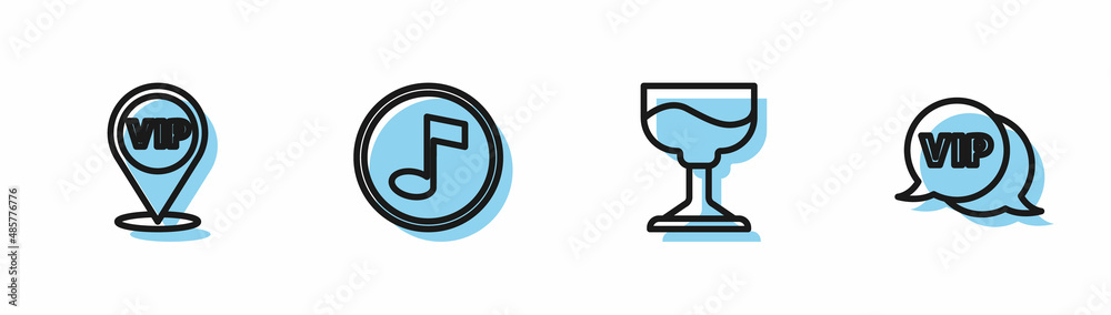 Set line Cocktail, Location Vip, Music note, tone and in speech bubble icon. Vector Set line Cocktail, Location Vip, Music note, tone and in speech bubble icon. Vector