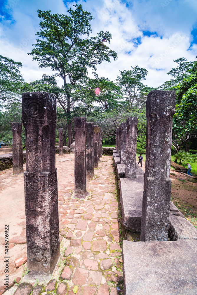 Ancient City of Polonnaruwa, stone pillars at the Audience Hall at Parakramabahu's Royal Palace, Sri Lanka, Asia