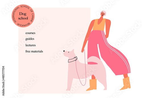 Dog and owner. Dog behavior, training school. Vector illustration, website banner template