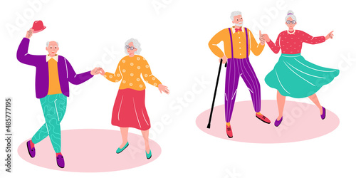 Happy pensioners dance with their friends and have fun in a good mood. senior dancers. Vector flat portrait of old cute loving couples. Character illustration in cartoon style. Healthy lifestyle