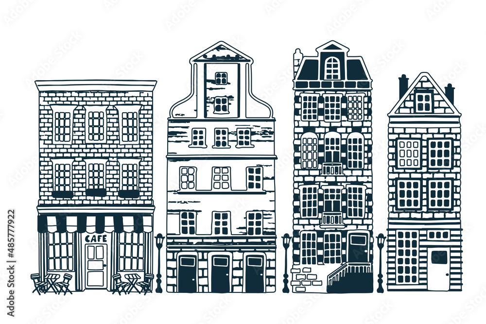 Set of the old European city abstract buildings. Series of the cartoon buildings. Vector Illustration.
