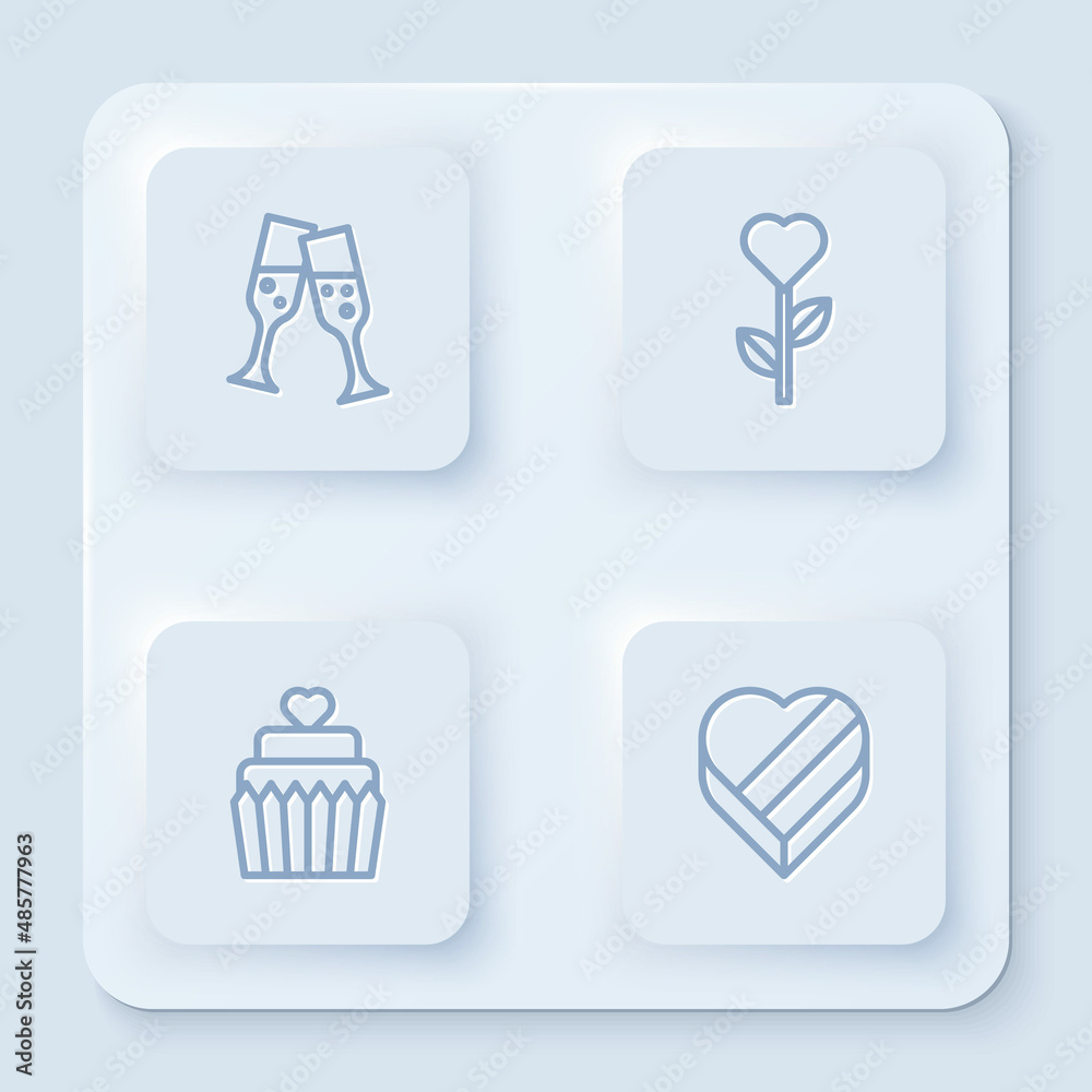 Set line Glass of champagne, Heart shape in flower, Wedding cake with heart and Candy shaped box. White square button. Vector Set line Glass of champagne, Heart shape in flower, Wedding cake with heart and Candy shaped box. White square button. Vector