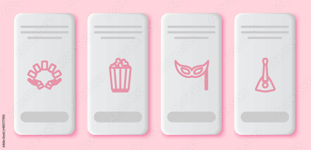 Set line Hand holding playing cards, Popcorn box, Festive mask and Balalaika. White rectangle button. Vector
