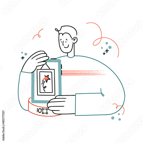 Vector hand drawn illustration. Modern man is holding nft art on his tablet looking like museum exhibit.