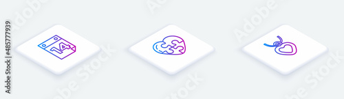 Set Isometric line Calendar with February 14, Heart and Necklace heart shaped. White square button. Vector