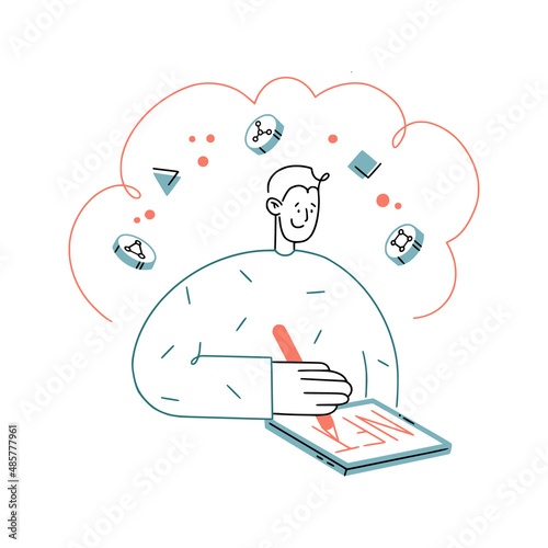 Vector hand drawn illustration. Crypto artist is drawing on tablet the word nft art. Coins of bitcoin and ethereum are flying around with some random figures.