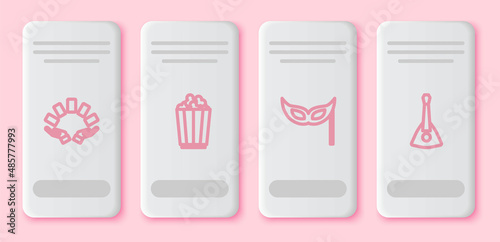 Set line Hand holding playing cards, Popcorn box, Festive mask and Balalaika. White rectangle button. Vector
