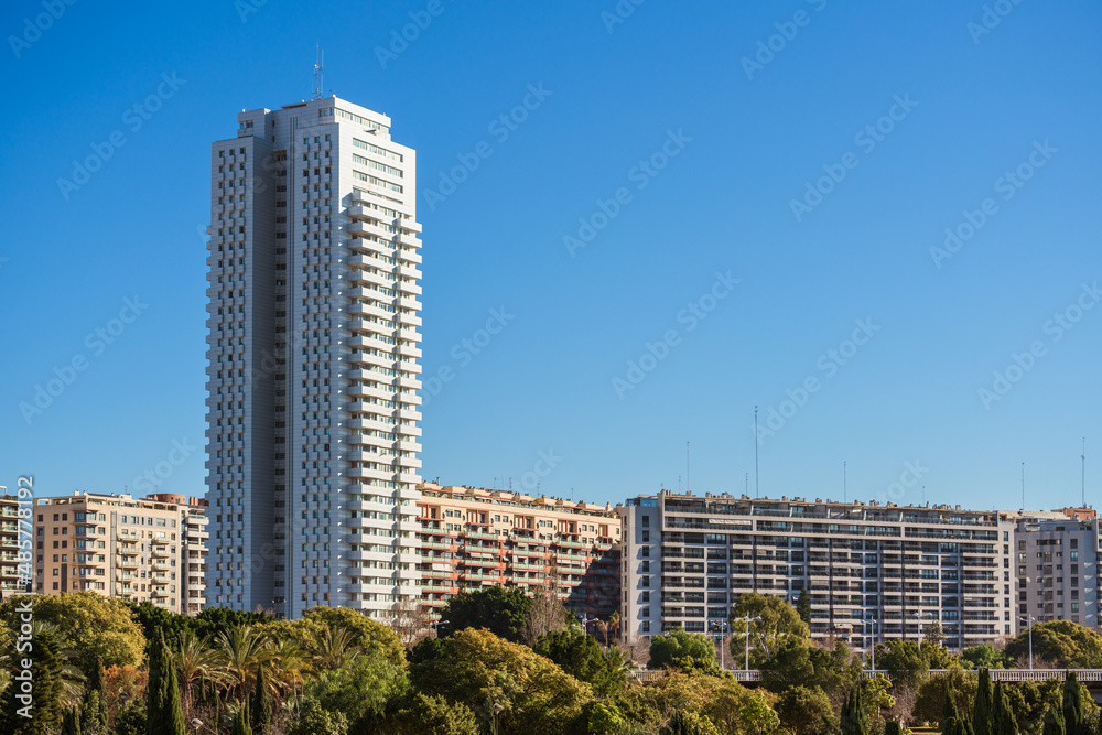 Skyscraper against blue sky in Valencia