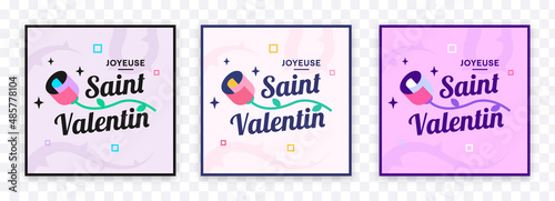 Joyeuse Saint-Valentin poster vecteur.  Bonne Saint Valentin ensemble d'étiquettes carré. Autocollant Saint valentin avec des roses et texte en français. Fête de l'amour concept. Vecteur illustration.