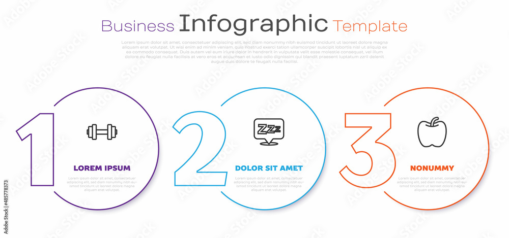 Set line Dumbbell, Sleepy and Apple. Business infographic template. Vector Set line Dumbbell, Sleepy and Apple. Business infographic template. Vector