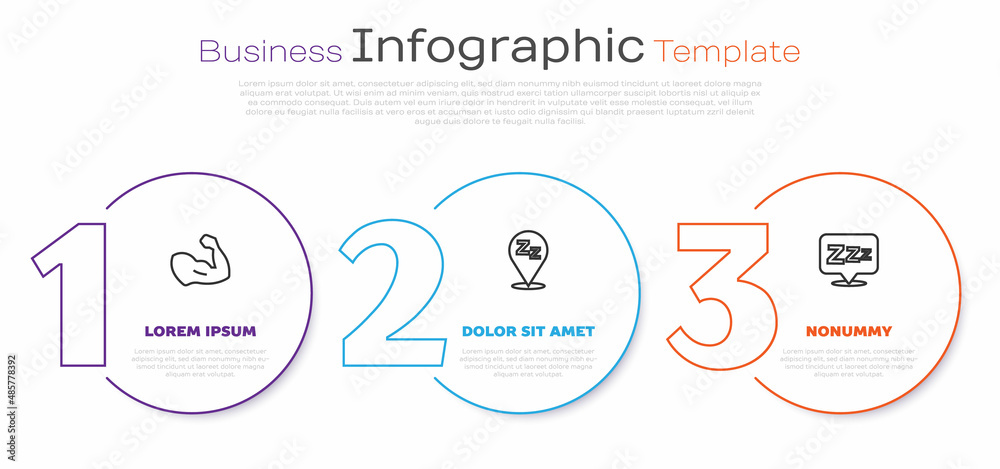 Set line Bodybuilder muscle, Sleepy and . Business infographic template. Vector