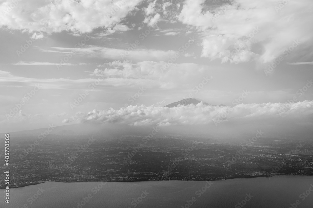 Black and white aerial photo of Mount Etna Volcano, Sicily, UNESCO World Heritage Site, Italy, Europe