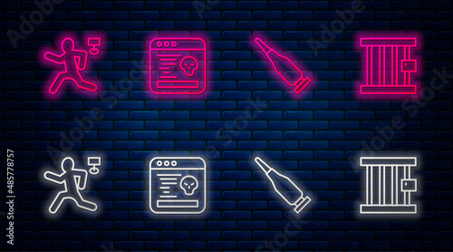 Set line System bug, Bullet, Murder and Prison window. Glowing neon icon on brick wall. Vector