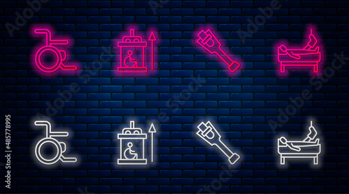 Set line Elevator for disabled, Prosthesis leg, Wheelchair and Patient with broken. Glowing neon icon on brick wall. Vector