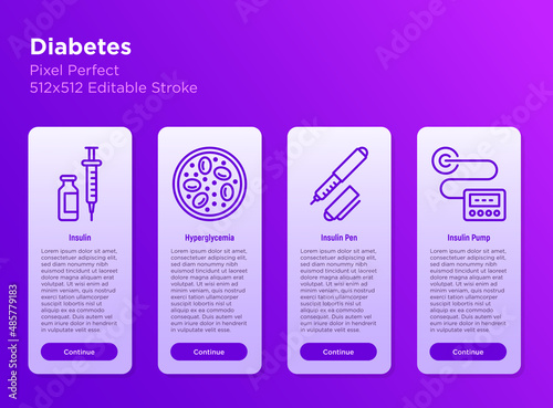 Diabetes thin line icons set: insulin pen, hyperglycemia, insulin pump. Pixel perfect, editable stroke. Vector illustration.