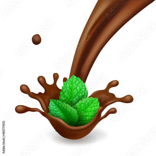 Chocolate splash with fresh mint leaves. Vector realistic 3d illustration