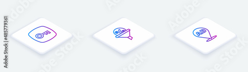 Set Isometric line Key, Lead management and Advertising. White square button. Vector