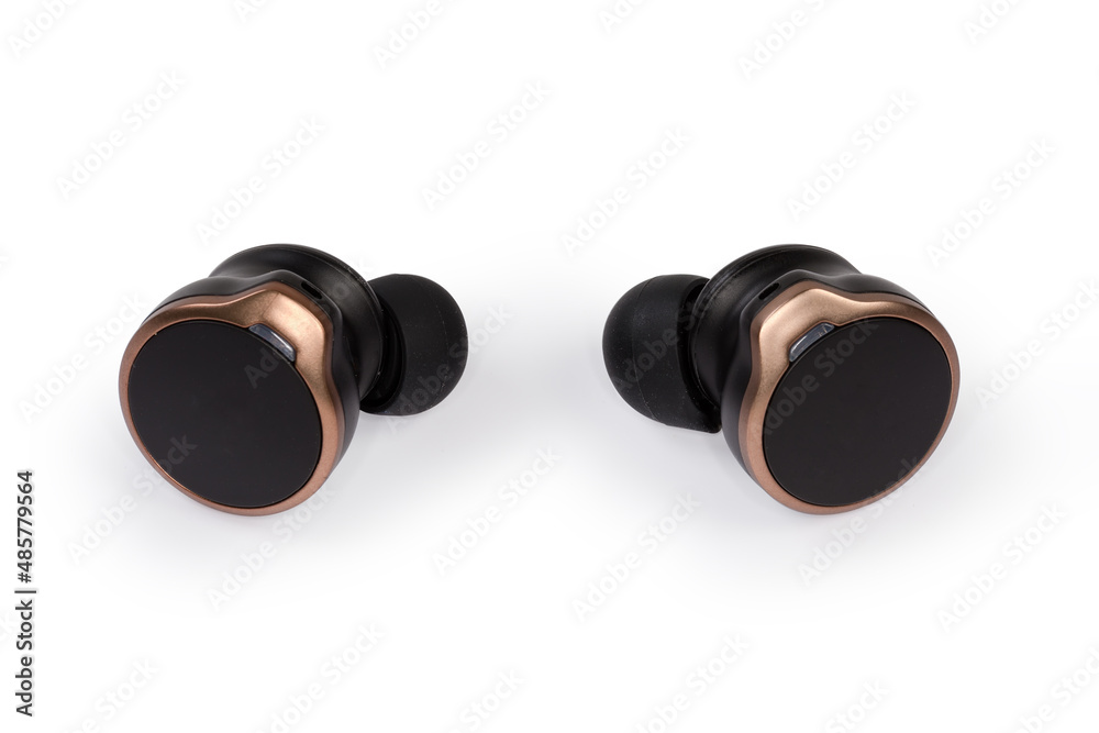 Pair of wireless in-ear earphones on white background Pair of wireless in-ear earphones on white background