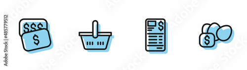Set line Paper or financial check, New price tag dollar, Shopping basket and Price for egg icon. Vector
