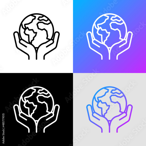 Save planet. Hands holding planet Earth. Environmental economics, social responsibility for nature. Thin line icon. Vector illustration.
