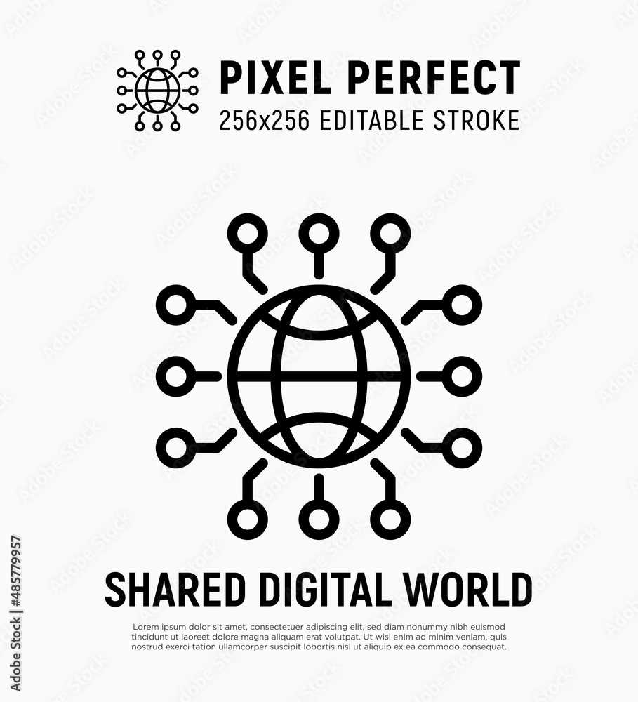 Shared diigital world, metaverse development thin line icon. Pixel perfect, editable stroke. Vector illustration. Shared diigital world, metaverse development thin line icon. Pixel perfect, editable stroke. Vector illustration.