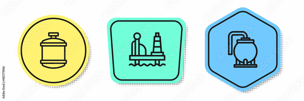Set line Propane gas tank, Oil platform in the sea and storage. Colored shapes. Vector Set line Propane gas tank, Oil platform in the sea and storage. Colored shapes. Vector