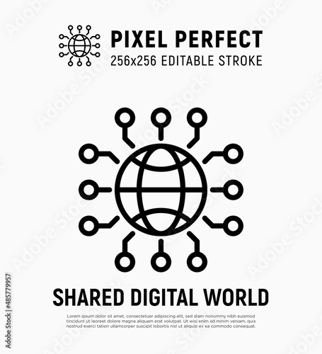 Shared diigital world, metaverse development thin line icon. Pixel perfect, editable stroke. Vector illustration.