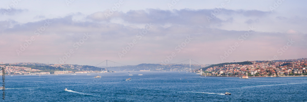 Suspension bridge across Bosphorus Strait, with European Istanbul on left and Asian Istanbul on right, Turkey, Eastern Europe