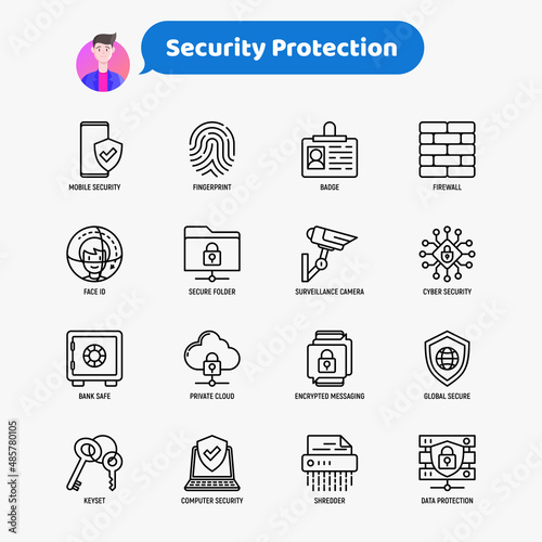 Security and protection thin line icons set: mobile security, fingerprint, badge, firewall, face ID, secure folder, surveillance camera, keyset, shredder, encrypted messaging. Vector illustration.