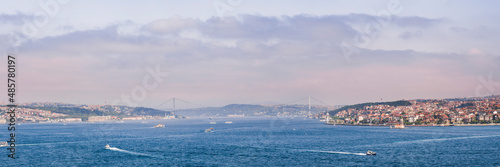 Suspension bridge across Bosphorus Strait, with European Istanbul on left and Asian Istanbul on right, Turkey, Eastern Europe