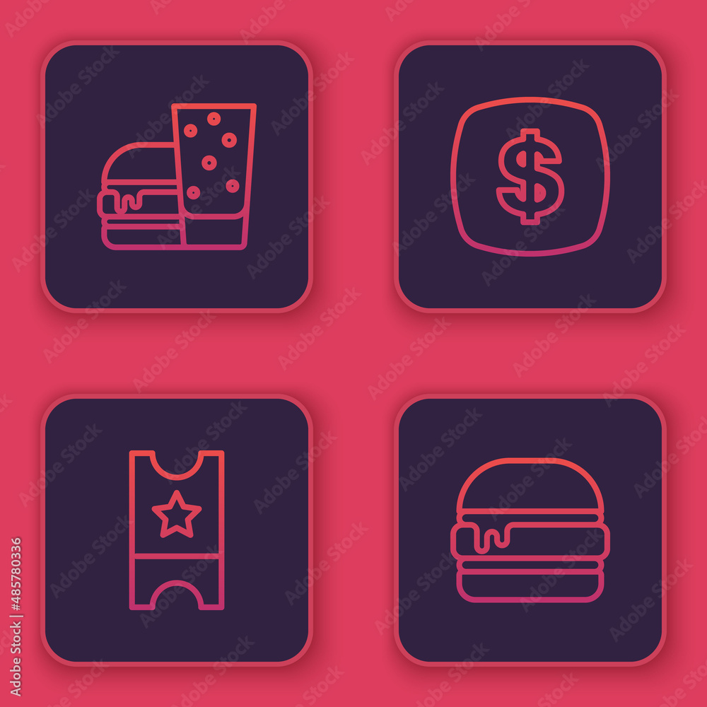 Set line Burger, Baseball ticket, Dollar symbol and . Blue square button. Vector Set line Burger, Baseball ticket, Dollar symbol and . Blue square button. Vector