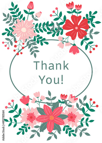 Thank you greeting card with floral ornament n red and green colors on white background