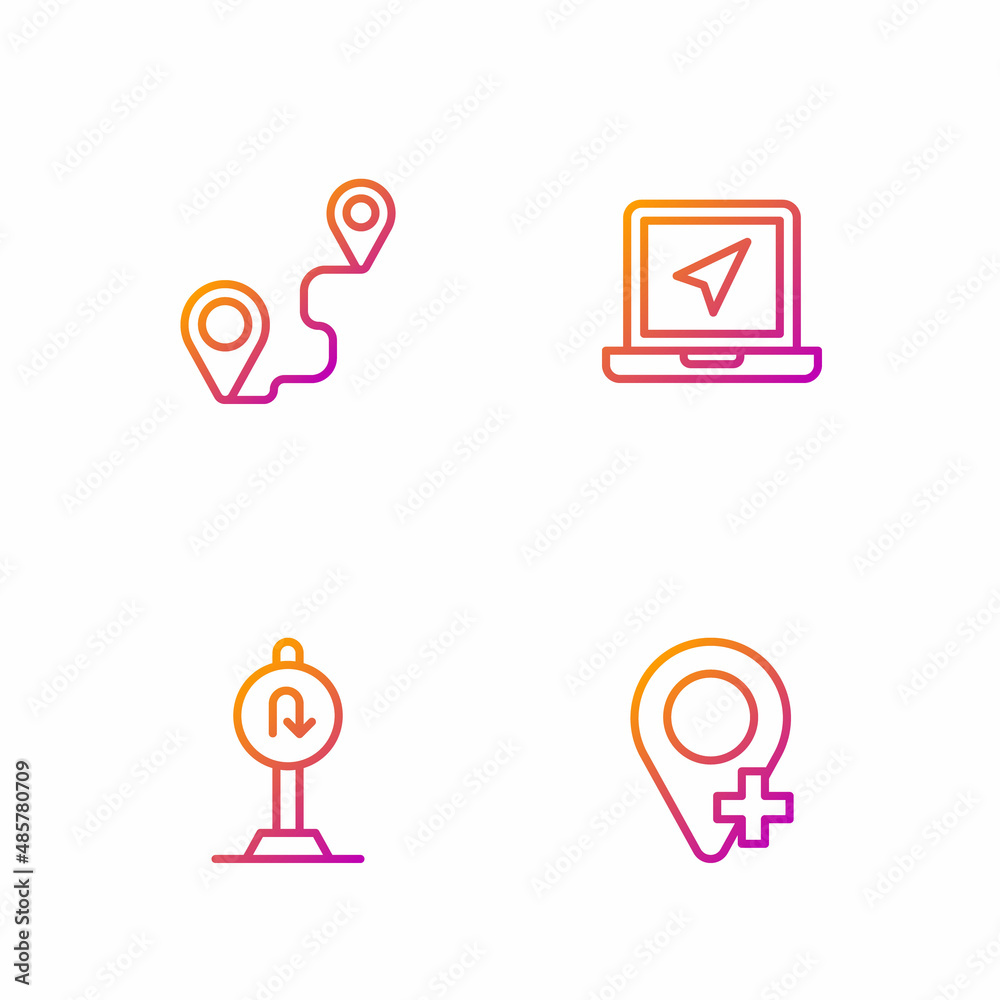 Set line Location, Turn back road sign, Route location and Laptop with marker. Gradient color icons. Vector