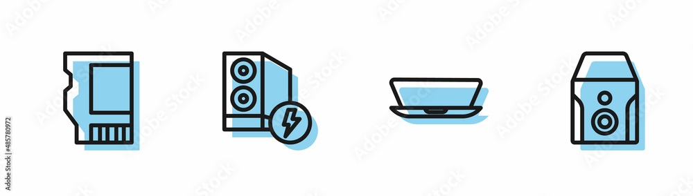 Set line Laptop, SD card, Case of computer and Uninterruptible power supply icon. Vector Set line Laptop, SD card, Case of computer and Uninterruptible power supply icon. Vector