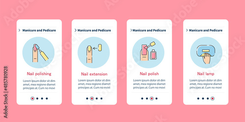  Cosmetology onboarding mobile app. Polishing, extemsion, polish, lamp. Manicure and pedicure steps menu. Set of UI, UX, web template with RGB color linear icons