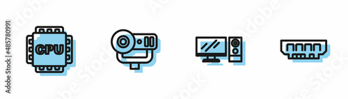 Set line Computer monitor, Processor with CPU, Web camera and RAM, random access memory icon. Vector