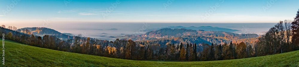 High resolution stitched panorama of a beautiful autumn or indian summer view near Perasdorf, Bavarian forest, Bavaria, Germany