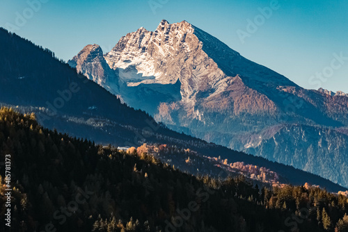 Beautiful autumn view with the famous Watzmann summit in the background near Berchtesgaden, Bavaria, Germany