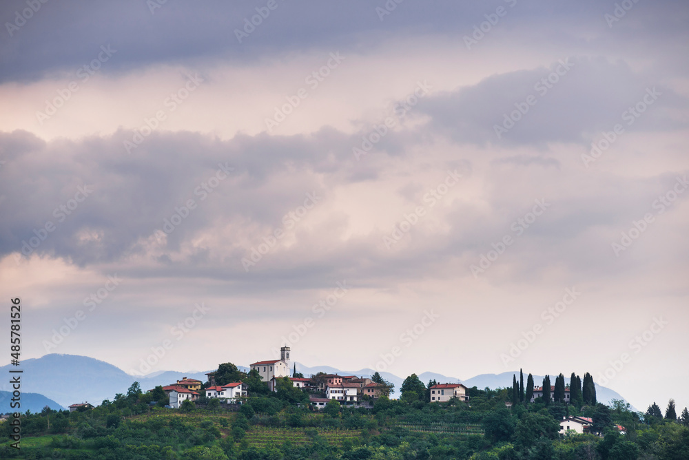 Vineyards surrounding the hill top town of Gornje Cerovo, Goriska Brda, Slovenia, Europe