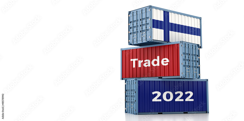 Trading 2022. Freight container with Finland national flag. 3D Rendering Trading 2022. Freight container with Finland national flag. 3D Rendering